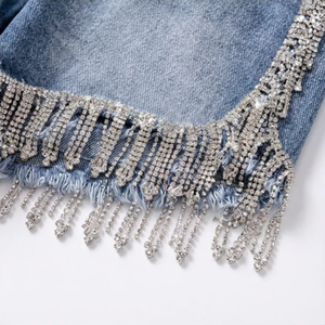Shorts de mezclilla azules transpirables de cintura alta para mujer, estilo casual, ajustados, con borlas de diamantes brillantes, venta al por mayor para verano - Product Image 4