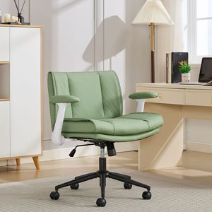 Chaise de bureau en cuir à position jambes croisées avec accoudoirs rabattables et roulettes pivotantes, design confortable avec assise large - Product Image 3