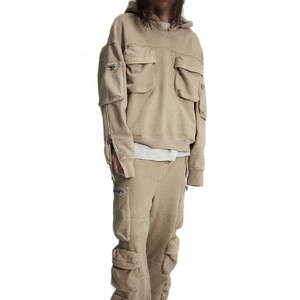 Sweat-shirt unisexe beige à capuche, manches longues, coupe classique, décontracté, couleur unie, coton léger et respirant, streetwear, teint en pièce - Product Image 2
