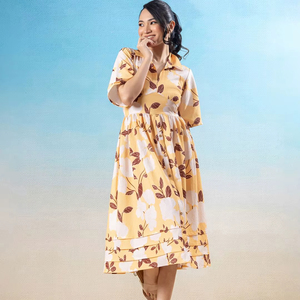 Yellow White Floral Print Loose Turn-down Collar Hand Block Printed Floral Cotton Midi <b>Dress</b> Elegant <b>Boho</b> <b>Summer</b> Outfit - Product Image 1