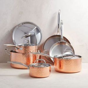 Modern Hammered Copper Cookware <b>Set</b> Round Metal Dishwasher Safe Eco-Friendly Leak-Proof <b>Pots</b> and Pans with Stainless Steel Lids - Product Image 1