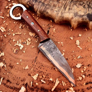 Cuchillo de Caza Skinner Portátil de Acero Damasco de Cobre de Grado Industrial de Alta Calidad con Hoja Entera y Agujero para el Dedo, Punta Caída, 8 Pulgadas - Product Image 3
