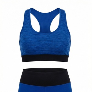Conjunto de yoga de 2 piezas para mujer: Top corto racerback y leggings de cintura alta, color azul con bloques de color, ropa deportiva. - Product Image 1