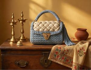 Bolso Trenzado Hecho a Mano en Azul Claro y Crema, Bolso Étnico Elegante con Perlas y Dos Correas, Tejido de Cordón de Algodón para Bolsos Mini de Mujer - Product Image 4