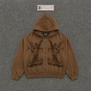 Sweat-shirt à capuche marron surdimensionné pour homme avec imprimé ange, en coton molletonné décontracté, coupe classique, automne - Product Image 5