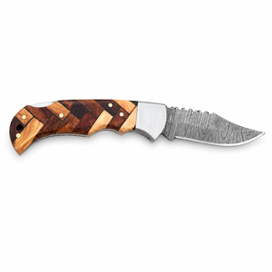 Couteau de chasse et de camping pliant artisanal en acier Damas, pointe clip, manche en bois, étui en cuir, personnalisable OEM/ODM, 0,5 mm - Product Image 3