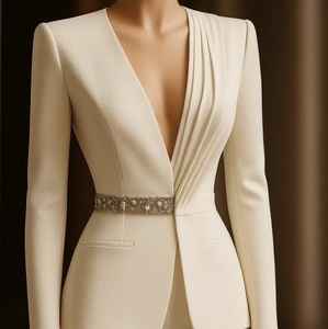 Blazer asymétrique plissé en crêpe avec ceinture ornée – Couture de mariée moderne et avant-gardiste - Product Image 3