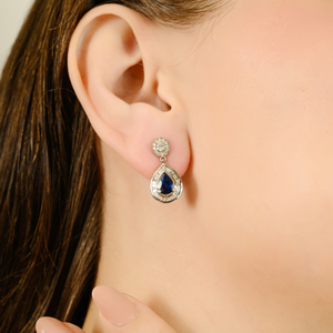 14K Gold Pear Sapphire and Diamond Cluster Drop Earrings - Product Image 3