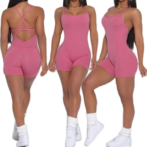 Women Solid Pink Seamless Backless Bodysuit With Crisscross Straps Sleeveless Shorts Sports Jumpsuit - Product Image 1