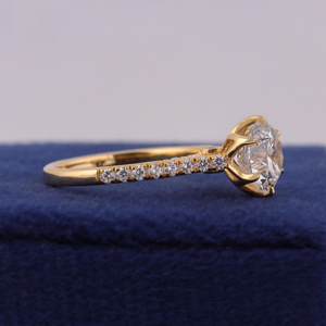 Women's 18K Gold Round <b>Diamond</b> Engagement <b>Ring</b> Prong Setting Pave Band Classic Style - Product Image 5