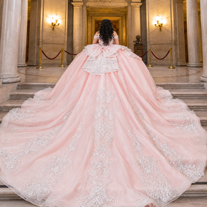 Vestido de Gala Rosa de Lujo para Mujer, Vestido de Novia de Princesa con Bordado Intenso y Cola Larga, Elegante Vestido de Quinceañera con Hombros Descubiertos - Product Image 2