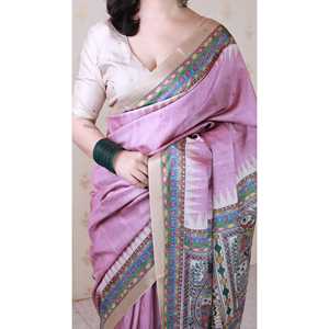 Sari en soie Tussar rose poudré Elite Weaves, imprimé Madhubani, avec bordure tissée Zari, 450g, pour tenue de soirée - Product Image 5
