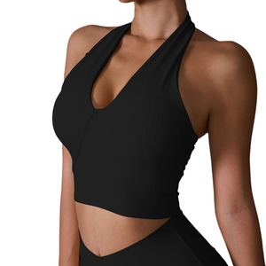 Soutien-gorge de sport léger pour femme, style européen et américain, col halter, gilet de yoga, absorption des chocs avant, côtelé, ajusté, maintien moyen - Product Image 5