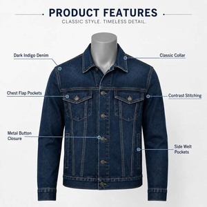 Veste en jean bleu foncé pour homme, coupe classique, col rabattu, fermeture boutonnée, style décontracté, vêtement d'automne, tendance des vestes pour homme - Product Image 5