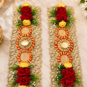 Pink Lotus Floral Diya Decoration Pair Handmade Gold Patti Pearl Wedding <b>Mandir</b> Pooja Festival Home Decor Gift Item - Product Image 1