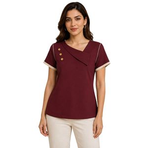 T-shirt asymétrique bordeaux pour femme à manches courtes avec bordure contrastante et détails boutonnés – Vêtement décontracté d'été personnalisable en gros - Product Image 1
