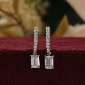 Emerald Cut Diamond Dangle Hoop Earrings Luxury Diamond Earrings for Women Minimalist Diamond Hoop Pendant Earrings For Sale - Product Image 5