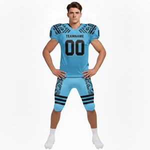 Custom Sublimated American Football Uniform Men's Light Blue V-Neck Short Sleeve Moisture Wicking Polyester Jersey and Pants Set - Product Image 2