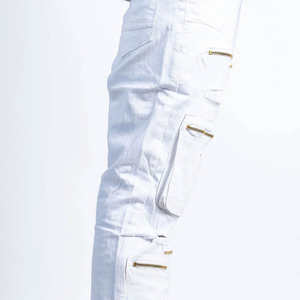 OEM ODM <b>Men</b> <b>White</b> Zipper <b>Jeans</b> Stylish Streetwear Distressed Ripped <b>Slim</b> <b>Fit</b> Casual Denim Pants with Multiple Pocket Design - Product Image 5
