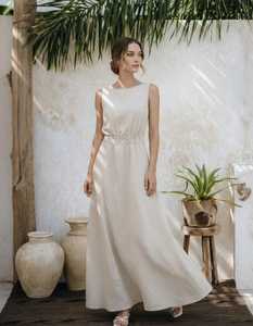 Women Linen Maxi <b>Dress</b> Sleeveless Backless <b>Elastic</b> Waist A-Line Summer Plain Dyed Natural Washable Minimalist Beige Casual - Product Image 4