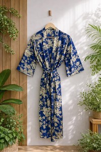 ชุดกิโมโนผ้าฝ้ายพิมพ์ลายทำมือ, ชุดนอนลายบล็อกพิมพ์, ชุดคลุมอาบน้ำฤดูร้อน - Product Image 4
