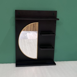 Modern Minimalist Wall Mount Mirror with Shelves Black Metal Frame & Gold Trim Multifunctional Design for Living Room - Product Image 2