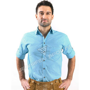 Chemise à manches longues pour homme, turquoise et blanche, 100% coton, tissu à carreaux, col rabattu, chemise décontractée bavaroise à carreaux pour l'Oktoberfest - Product Image 5