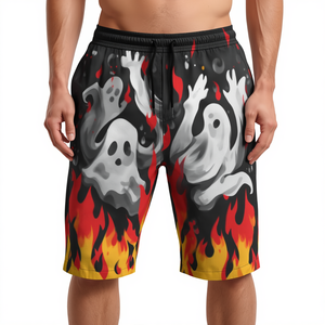 Shorts en coton pour hommes, longueur genou, taille mi-haute, tricotés, avec cordon de serrage, motif Ghost Flame, impression par sublimation - Product Image 1