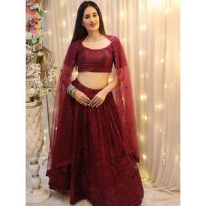 Splendid Wedding Apparel Wine Embroidered <b>Net</b> Lehenga Choli with <b>Dupatta</b> for Reception Wear - Product Image 1