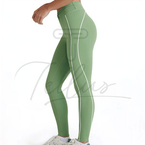 Leggings de yoga vert taille haute avec bande latérale, pantalon long sans couture en Spandex et Nylon, extensible dans les quatre sens, design à surpiqûres contrastées - Product Image 2