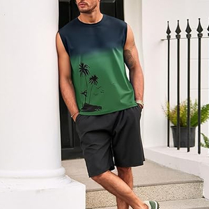 Men's Gradient Sleeveless Tank Top O-Neck Palm <b>Tree</b> Print Casual Breathable Knitted Polyester Shirt - Product Image 5