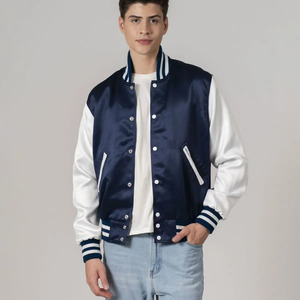 Veste universitaire en satin sur mesure de qualité supérieure pour homme, veste bomber classique avec col et poignets côtelés rayés et fermeture à boutons pression - Product Image 1