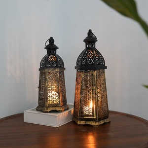 Antique Finish <b>Moroccan</b> Metal <b>Lanterns</b> Set Of 2 Bronze Cutout Design Hexagonal Shape For Home Decoration & Ramadan Lighting - Product Image 1