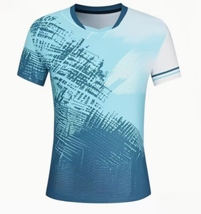 Camiseta Deportiva de Manga Corta con Cuello en V y Estampado Geométrico Azul para Hombre, Transpirable, de Punto, Ajustada - Product Image 1