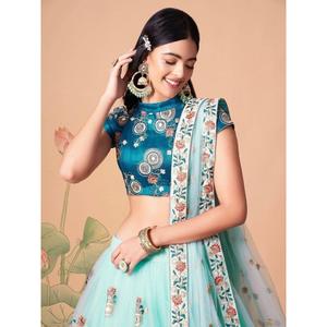 Lehenga choli กระโปรงทำงานตาข่ายสะท้อนแสงสีฟ้าสดใส - Product Image 5