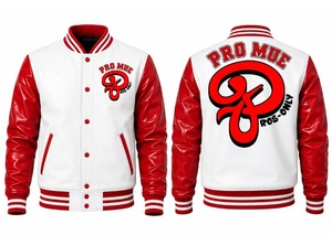 เสื้อแจ็คเก็ต Pro Mue Varsity สำหรับผู้ชาย สีแดงขาว หนัง PU สไตล์ลำลอง สำหรับฤดูใบไม้ร่วง พิมพ์ลายตัวอักษร ปกคอพับ แขนเสื้อแบบปกติ - Product Image 2