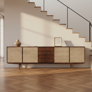 Cómoda Minimalista de Madera Maciza de Teca Elmar con Puertas de Panel Tejido y Cajones Centrales, Ecológica para Dormitorio, Sala de Estar, Estilo Rústico - Product Image 1