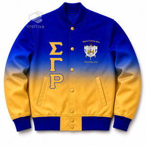 เสื้อแจ็คเก็ตโอเวอร์ไซส์ผ้าซาตินแบบไล่เฉดสีสำหรับผู้หญิง ยี่ห้อ Sigma Gamma Rho ปักลายตัวอักษรกรีก ติดกระดุมแป๊ก คอเสื้อและปลายแขนเสื้อถักแบบริบบิ้น - Product Image 1