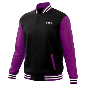 Blouson universitaire noir et violet pour homme, coupe droite, col rabattable, fermeture boutonnée, blocs de couleur, logo frontal, tenue décontractée pour l'automne - Product Image 5