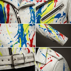 Custom Mens Cowhide Hair On Leather Biker <b>Jacket</b> Wholesale Paint Splatter White Streetwear Moto Outerwear Supplier Manufacturer - Product Image 6