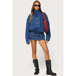 Women blue Color Cropped Leather Avirex Jacket Women Turn-Down Collar <b>Zipper</b> Leather Jacket Avirex Leather Jackets for Women - Product Image 1