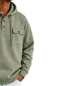 Sweat à capuche vert olive pour homme avec patte de boutonnage, double poche poitrine, style streetwear décontracté, personnalisable avec logo OEM - Product Image 2
