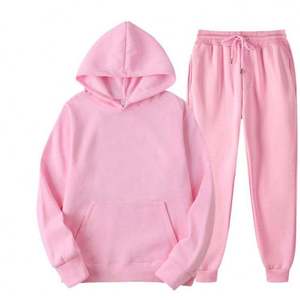 Wholesale Pink 2 Piece Set Women Men <b>Hoodies</b> Joggers Tracksuit Custom Logo <b>Plain</b> Pullover Sweatpants Fleece Sweatsuit Sportswear - Product Image 1