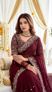 Sari en soie bordeaux AARA Fashion avec broderie dorée, protection solaire, pour mariage, tenue traditionnelle indienne, longueur ras du sol pour femme - Product Image 5