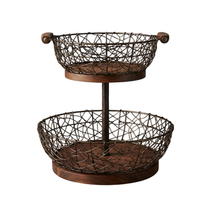 Round Shape Double Tier Wire <b>Storage</b> Basket Wooden Base Rustic Kitchen Sundries Organizer Handmade Metal <b>Storage</b> Basket - Product Image 1