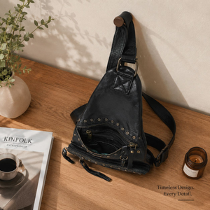 Sac bandoulière en cuir pleine fleur vintage clouté, sac de poitrine à bandoulière avec sangle réglable et plusieurs poches zippées pour les voyages et le quotidien - Product Image 4