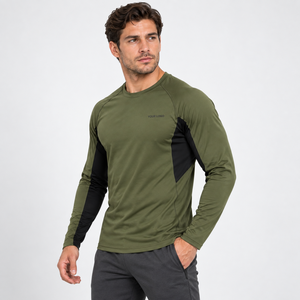 Camiseta Deportiva de Manga Larga para Hombre, Color Verde Oliva, de Secado Rápido, Corte Ajustado, Cuello Redondo, Estilo Deportivo, Logotipo Personalizado Impreso en la Parte Delantera - Product Image 2