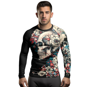 Men Long Sleeve Compression Rash Guard <b>Skull</b> Floral Print Quick Dry Polyester BJJ Shirt Full Sleeve Sublimation Rash Guard - Product Image 4