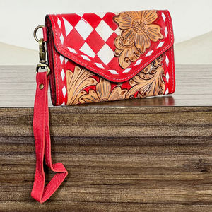 2026 Fashion Cowgirl Handcrafted Tooled Checkered Leather <b>Wristlet</b> Wallets Genuine Leather Floral Clutch Purse RFID Card Holder - Product Image 4