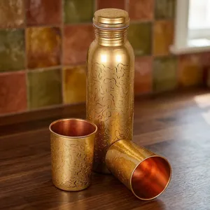 Botella de Agua de Cobre con Dos Tazas, Diseño Tradicional Chino, Tapa de Rosca, Reutilizable, para Viajes, Senderismo, Campamento, Adultos, Metálica - Product Image 1